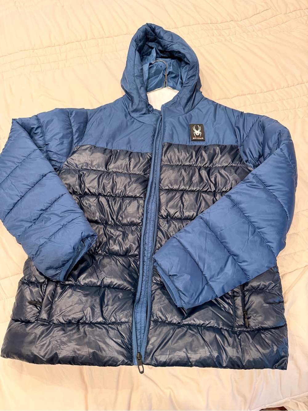 Spyder Two-Tone Navy and Royal Blue Hooded Puffer Jacket